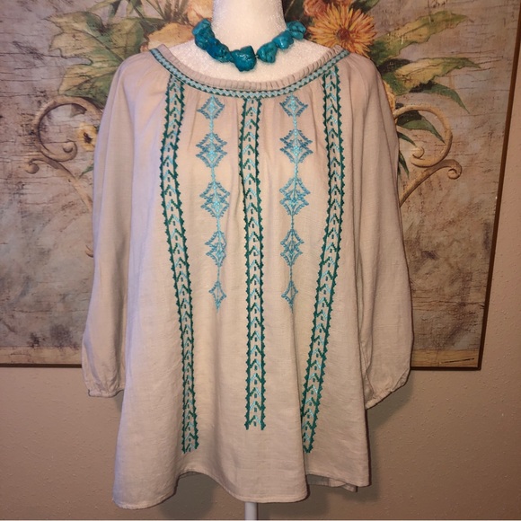 Sz L Style & Co. Turquoise & Green Mexican Embroidered Beige L/S Shirt - Picture 1 of 15